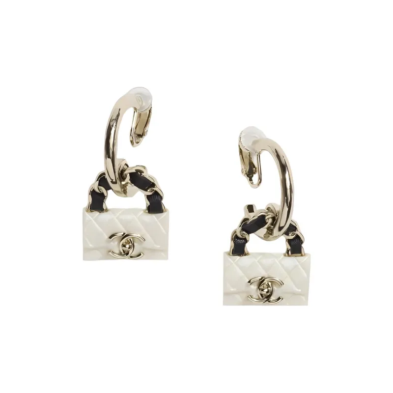 CHANEL Resin Metal Leather Earrings Women's-0