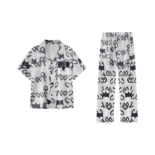 Qiao Ni Tong Pajama Set Men's Silver Gray Cool Dog