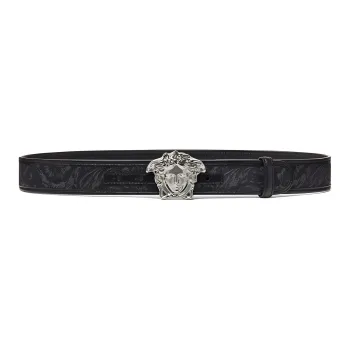 VERSACE Pattern Buckle Leather Belts Men's Black Width  4CM