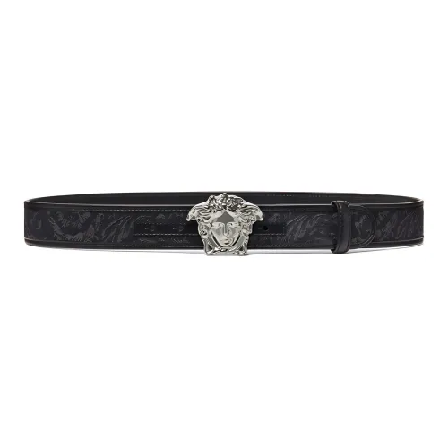 VERSACE Pattern Buckle Leather Belts Men's Black Width  4CM