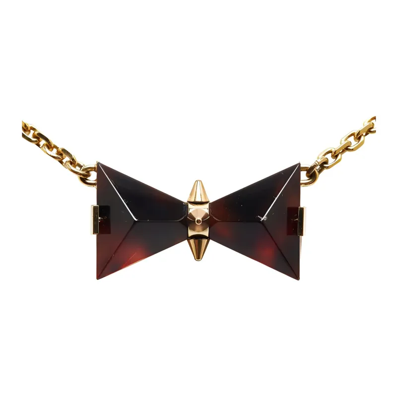 LOUIS VUITTON 2013 Gold Plated Resin Tortoise Shell Bow Pendant Costume Necklace-0