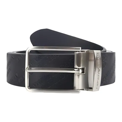 EMPORIO ARMANI Brand Logo Embossed Pin Buckle Leather Belts Men's Black Width 3.3cm