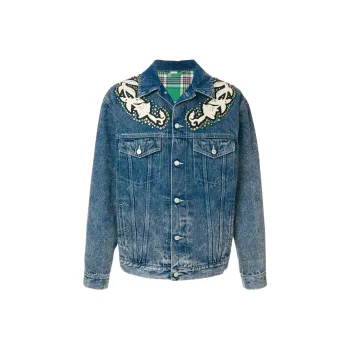 GUCCI Logo Print Denim Jacket With Floral Appliqués