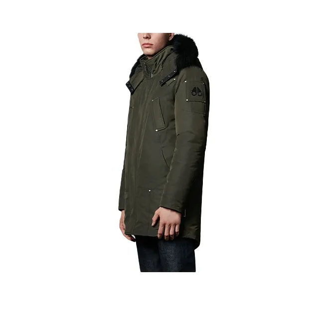 Moose Knuckles FW21 Solid Color Hooded Mid-Length Down Jacket Men's Army Green-0