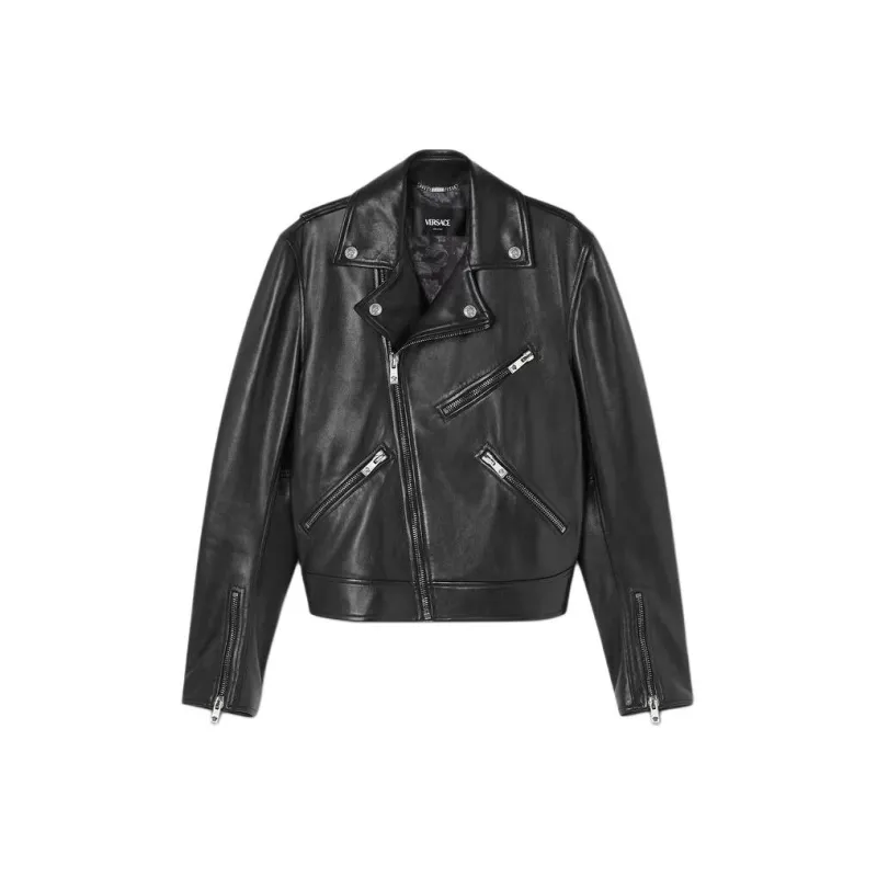 VERSACE Zip Up Leather Biker Jacket-0