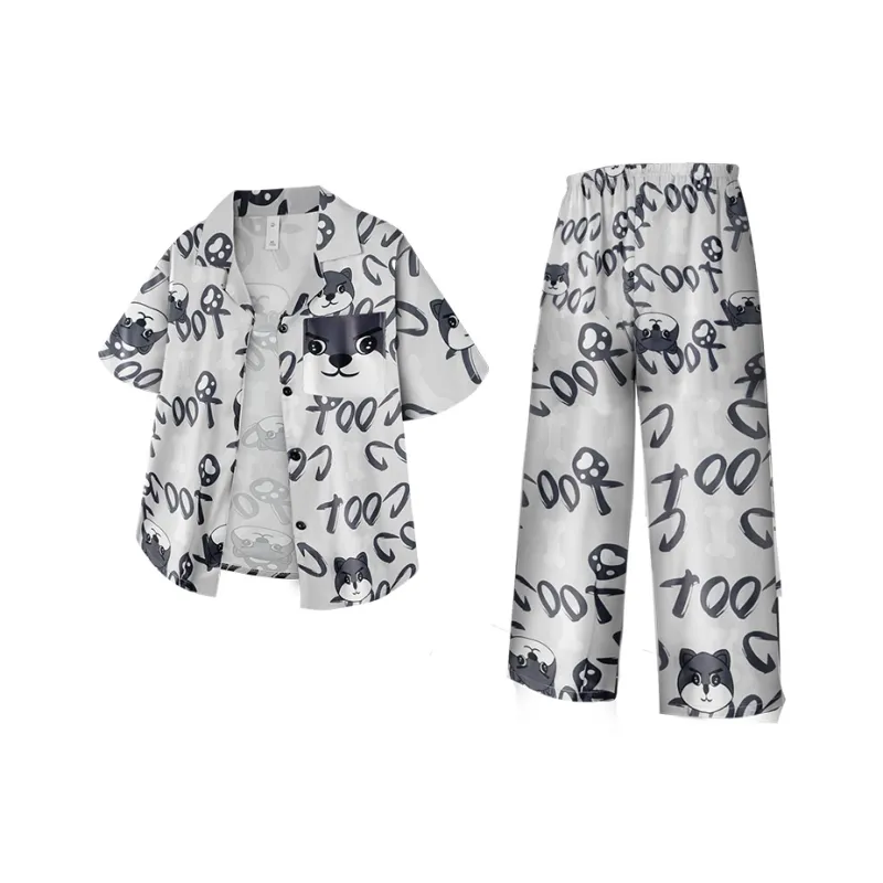 Qiao Ni Tong Pajama Set Men's Silver Gray Cool Dog-0