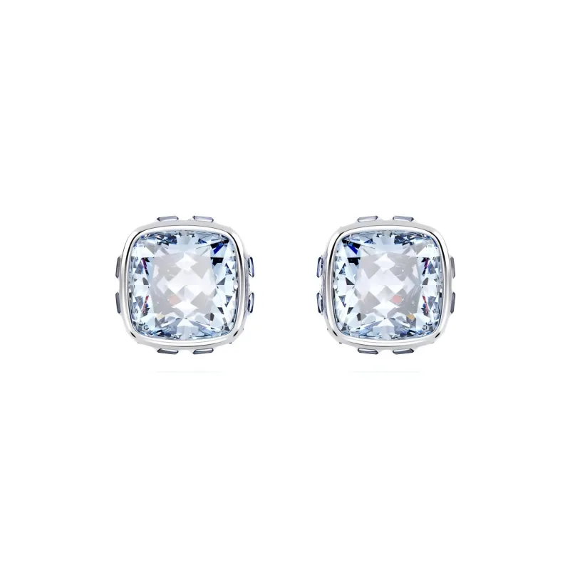 Swarovski Birthstone Crystal, Rhodium Plated Stud Earrings Unisex Blue-0