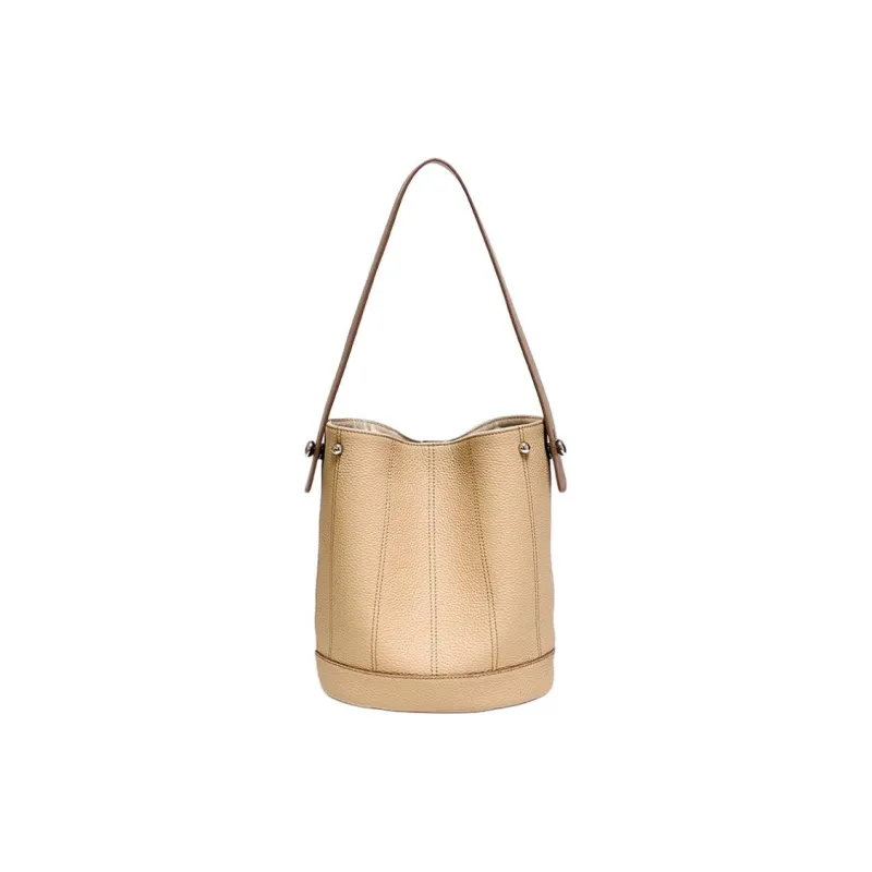 H YXIANG Top Grain Cow Leather Basket Bag, One Shoulder Handbag Women's White Spell Brown/Milk Tea Gray-3