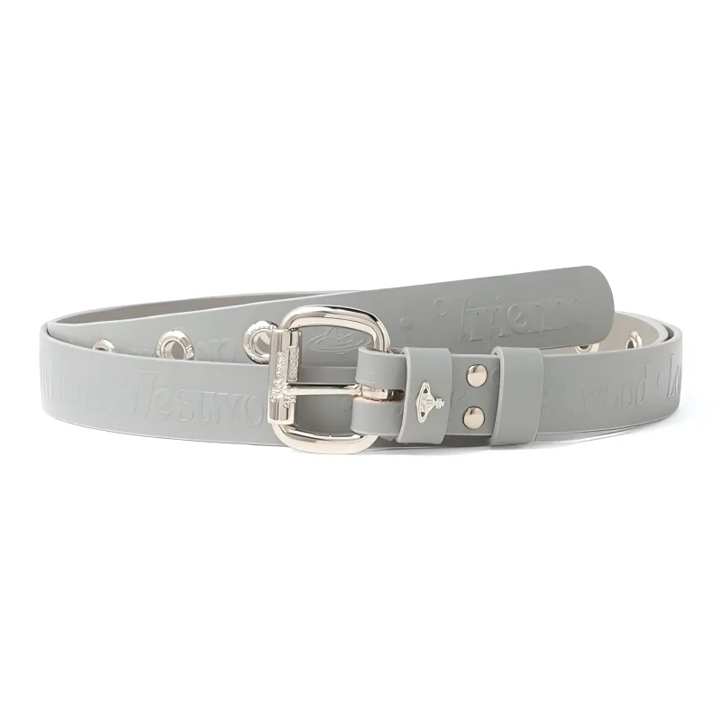 Vivienne Westwood Embossed Logo Letter Decoration Pin Buckle Leather Belts Unisex Light Gray Width: 2.5cm-0