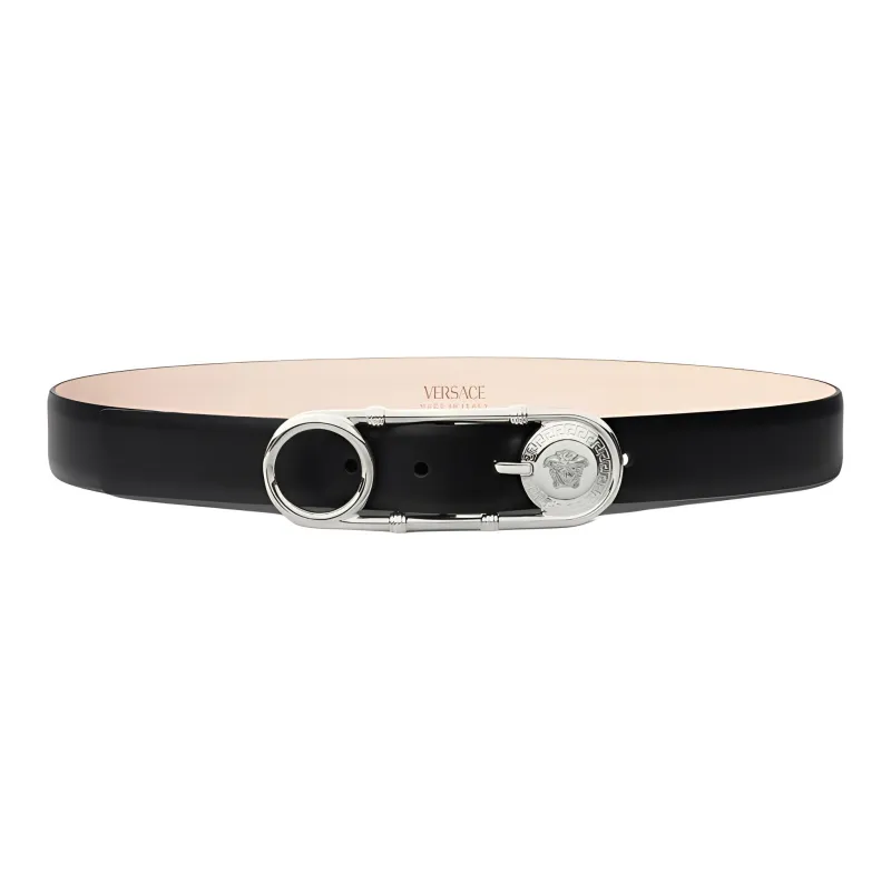 VERSACE SAFETY PIN Medusa Head Smooth Buckle Leather Belts Women's Black Width: 3CM-0