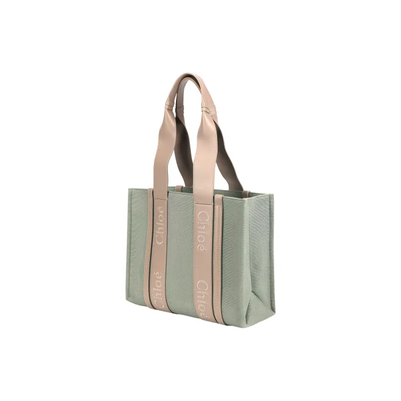 Chloe Woody Linen Canvas With Shiny Calfskin Tote Bag Shopping Bag Canvas Bag Handbags Medium Size Women's Light Green-1