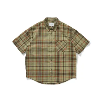 714STREET Fashion Lapel Single Breasted Wooden Button Short Sleeved Shirt Unisex Yellow Plaid