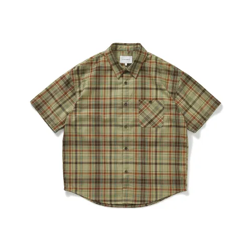 714STREET Fashion Lapel Single Breasted Wooden Button Short Sleeved Shirt Unisex Yellow Plaid