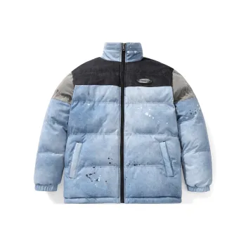 Bt Letter Colorblock Stand Collar Loose Fit Puffer Jacket Unisex Blue