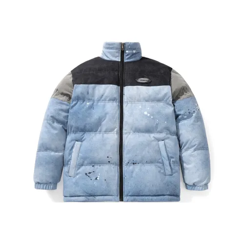 Bt Letter Colorblock Stand Collar Loose Fit Puffer Jacket Unisex Blue