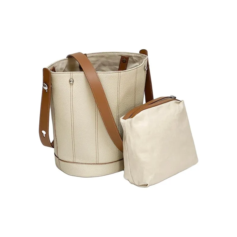 H YXIANG Top Grain Cow Leather Basket Bag, One Shoulder Handbag Women's White Spell Brown/Milk Tea Gray-2