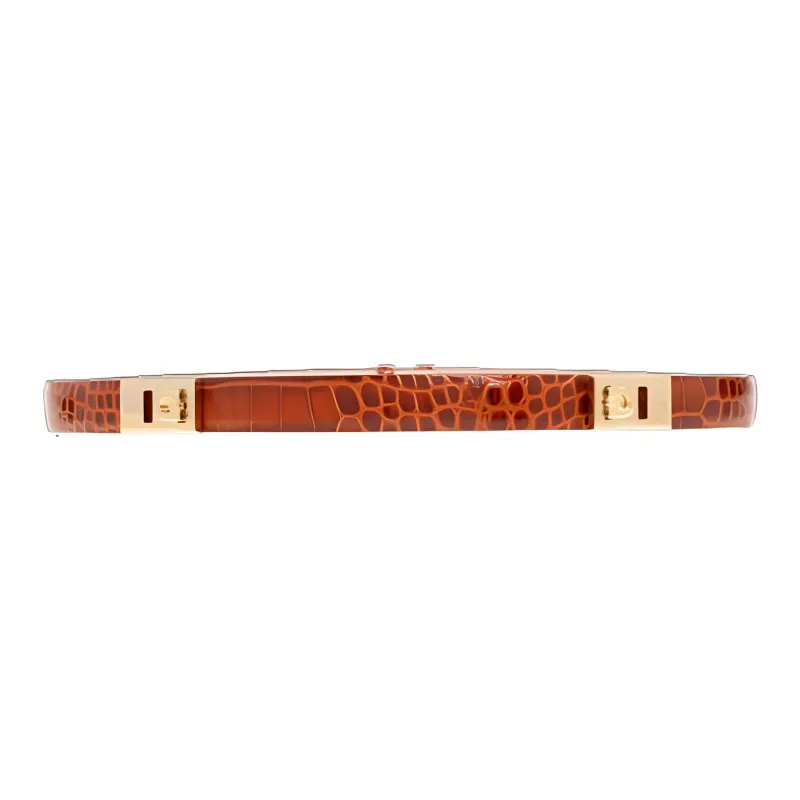 FERRAGAMO Textured Detail, Double Ring Buckle Leather Belts Women's Brown 2.5CM-1