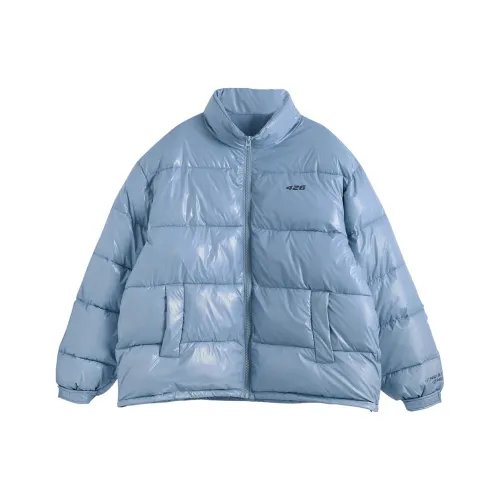 F426 Letter Solid Color Shiny Stand Collar Loose Fit Puffer Jacket Unisex
