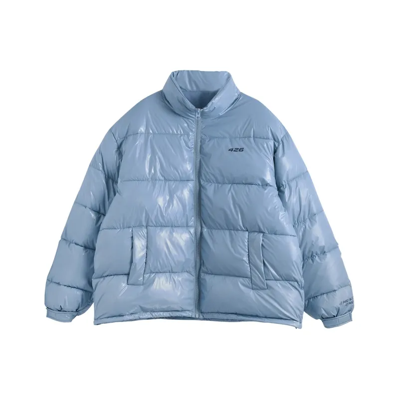 F426 Letter Solid Color Shiny Stand Collar Loose Fit Puffer Jacket Unisex-0