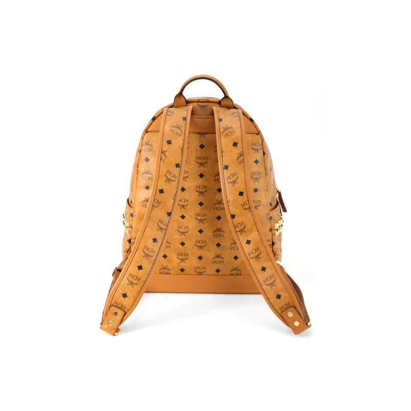 MCM Stark Visetos Nappa Leather Trim Backpack Medium Size Unisex Brown Cognac-2