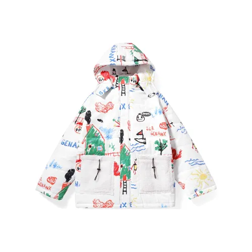 GENANX Cartoon Detachable Hood Loose Fit Puffer sheep courtes Unisex White
