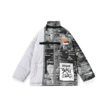 GENANX Letter Stand Collar Loose Fit Puffer Jacket Unisex Gray