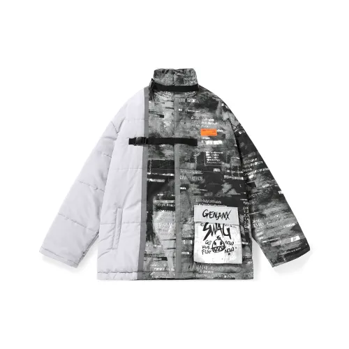 GENANX Letter Stand Collar Loose Fit Puffer Jacket Unisex Gray