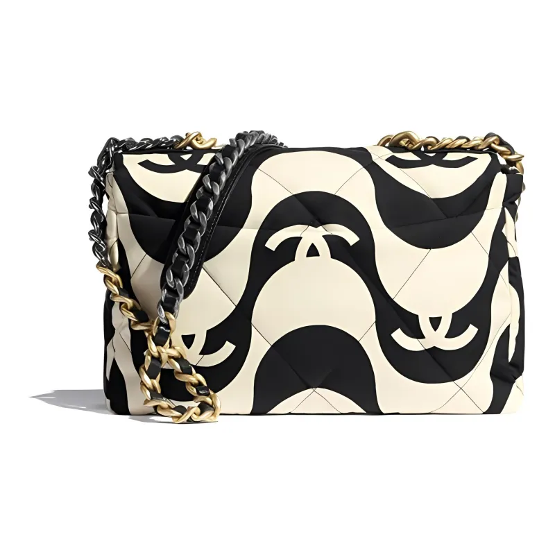 CHANEL 19Bag Fabric One Shoulder Handbag, Crossbody Bag Trumpets Women's Black White-1