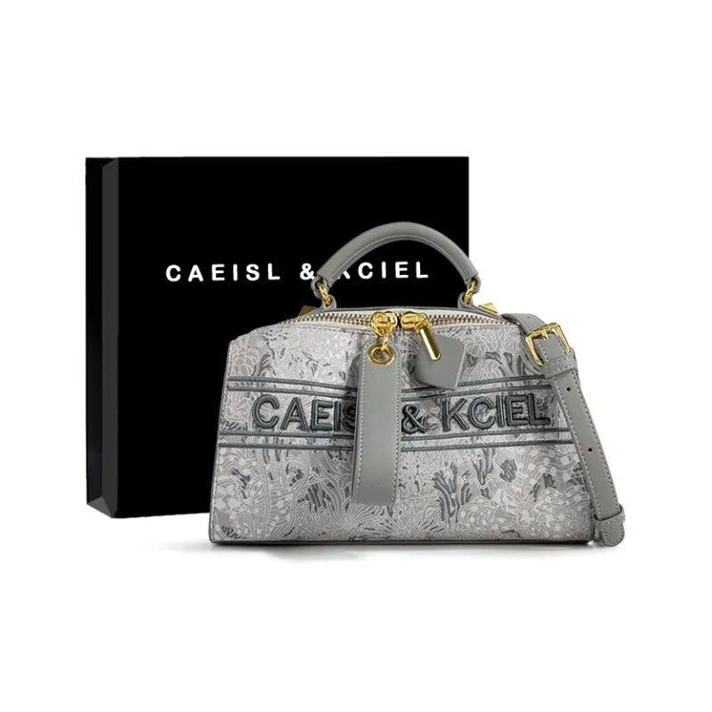 CAEISL&KCIEL Polyurethane Synthetic Leather Handbag Women's Embroidery Pink/Embroidery Gray-6