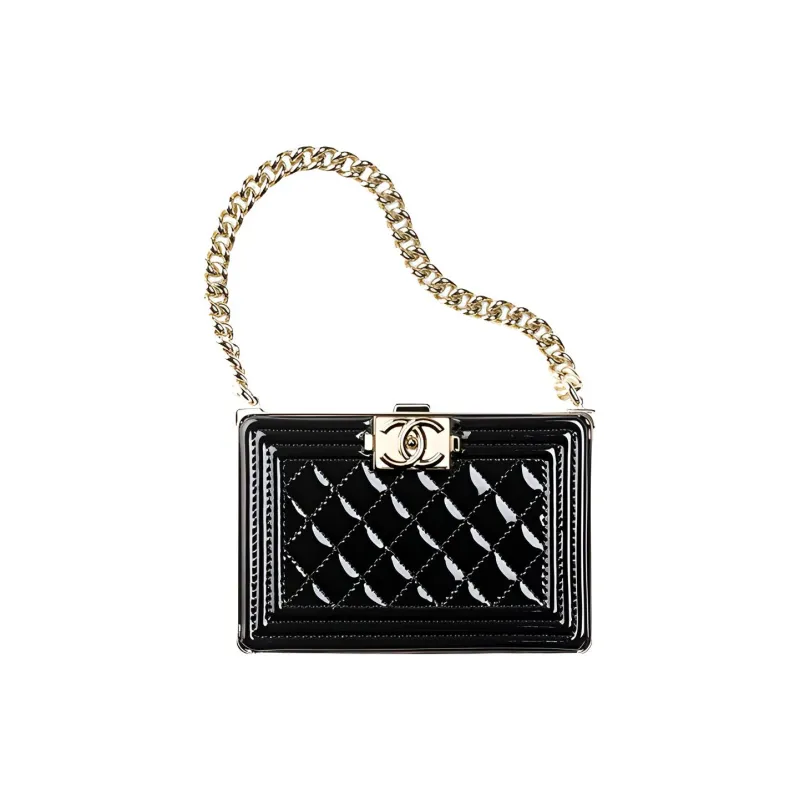 CHANEL Calfskin Patent Leather And Gold Metal Hard Evening Bag, Crossbody Bag, Handbag Women's Black-0