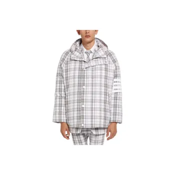 THOM BROWNE SS22 Plaid Stripes Hooded Cropped Down Jacket Men's Gray