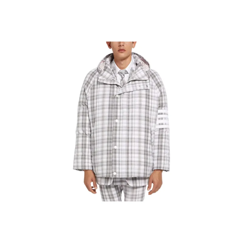 THOM BROWNE SS22 Plaid Stripes Hooded Cropped Down Jacket Men's Gray-0