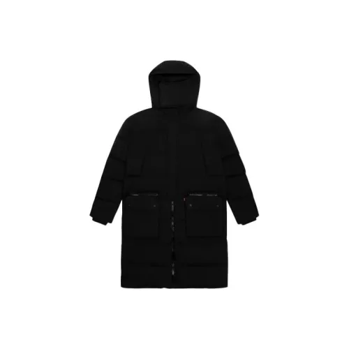 Levis Solid Color Letters Hooded Mid Length Down Jacket Men's Black