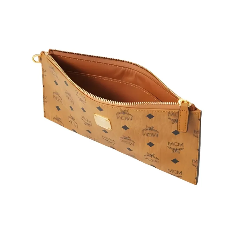 MCM Aren Intertwined Letter Canvas Clutch Large Size Women's Brown-2