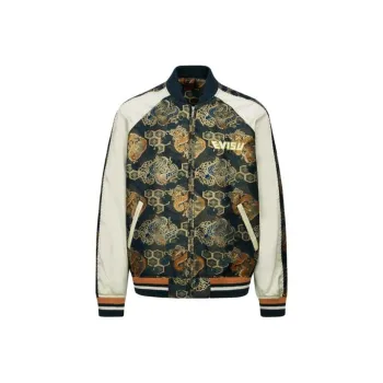 EVISU FW23 Men's Logo Embroidered Brocade Full Print Jacket Gold