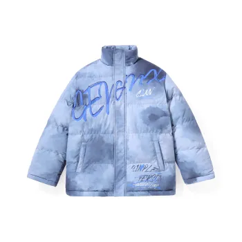 GENANX Letter Stand Collar Loose Fit Puffer Jacket Unisex Gray Blue