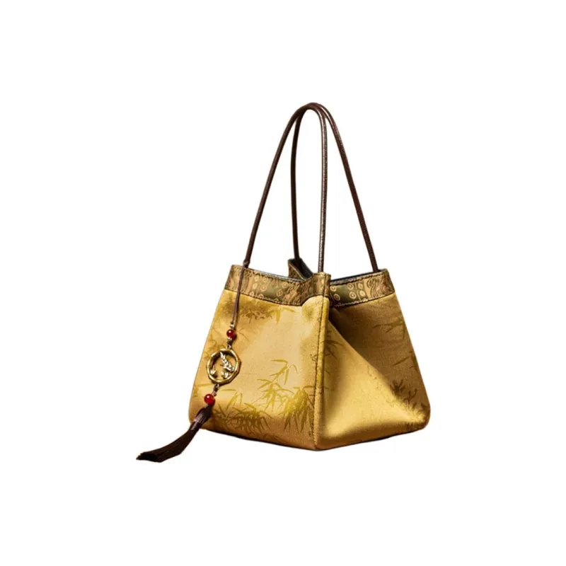 Shanghai Story Mulberry Silk Xiangyun Gauze Handbag Medium Size Women's New Yellow Green/Rusty Red-1