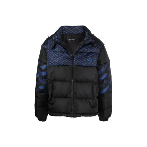 VERSACE Colorblock Hooded Down Jacket Men's Blue Black