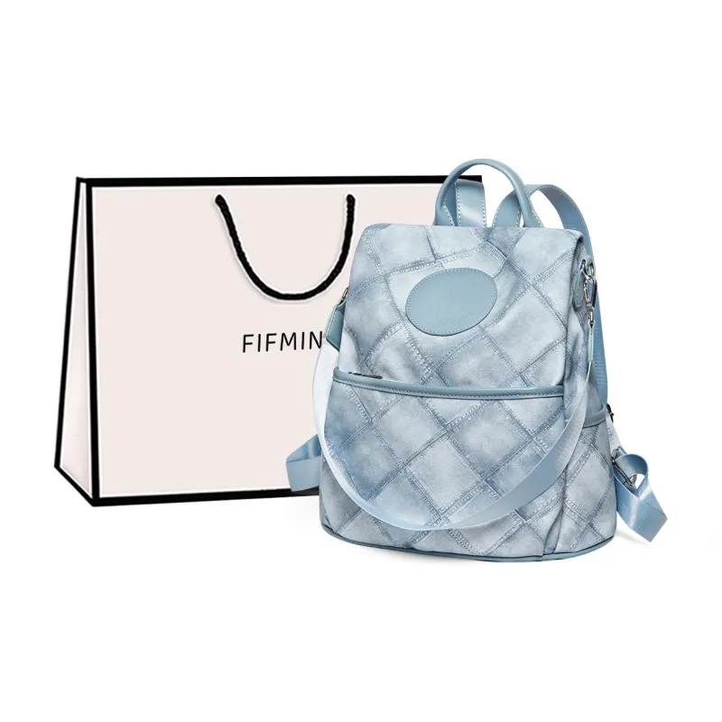 15 MINS Synthetic Leather Backpack Large Size Women's Dusty Pink/Denim Blue-4