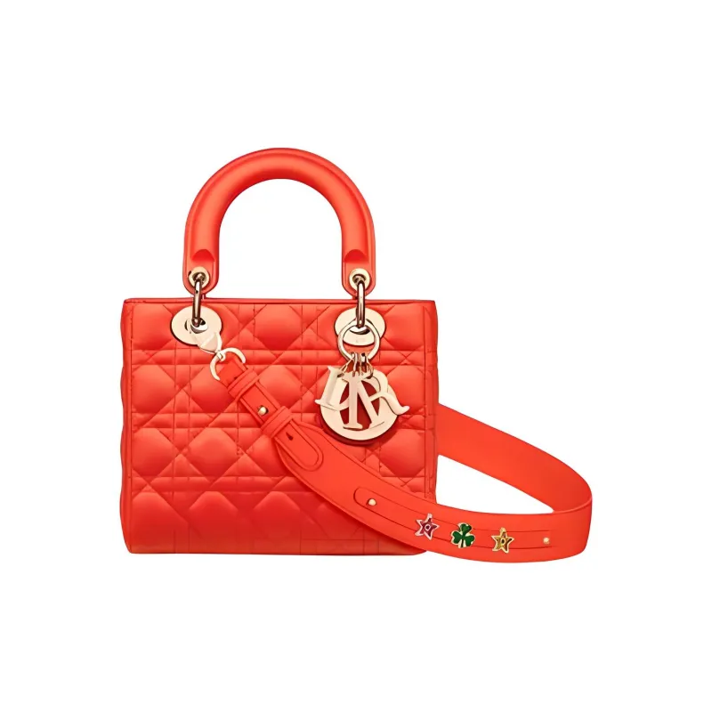 DIOR Lady Dior Sheepskin Wicker Pattern Dior Bag Shoulder Bag Crossbody Bag Handbag Small Size Women's Bright Orange-0