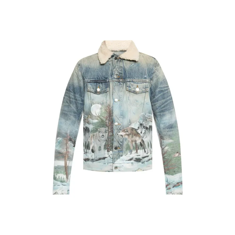AMIRI Sherling Airbrush Wolf Denim Trucker Jacket-0
