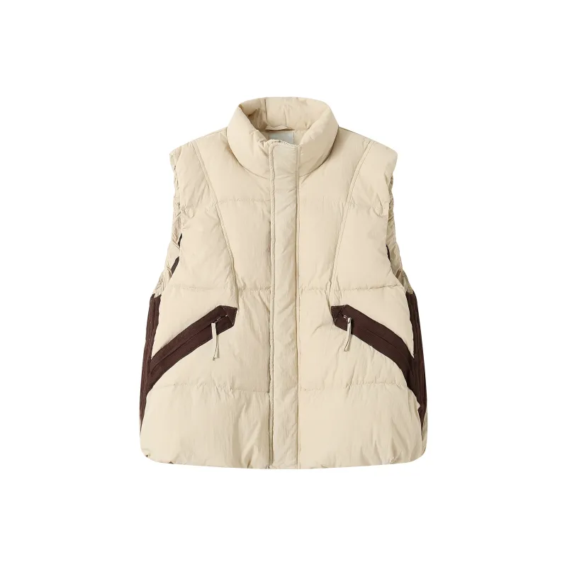 WULISHAONIAN White Duck Down Thermal Loose Fit Stand Collar Down Vest Unisex Coffee Beige-0