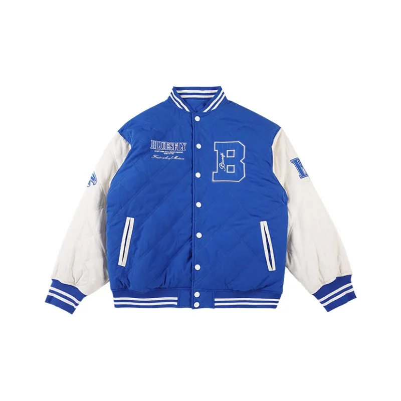 BLUESFLY Letter Colorblock Stand Collar Loose Fit Thickened Puffer Jacket Unisex Blue-0