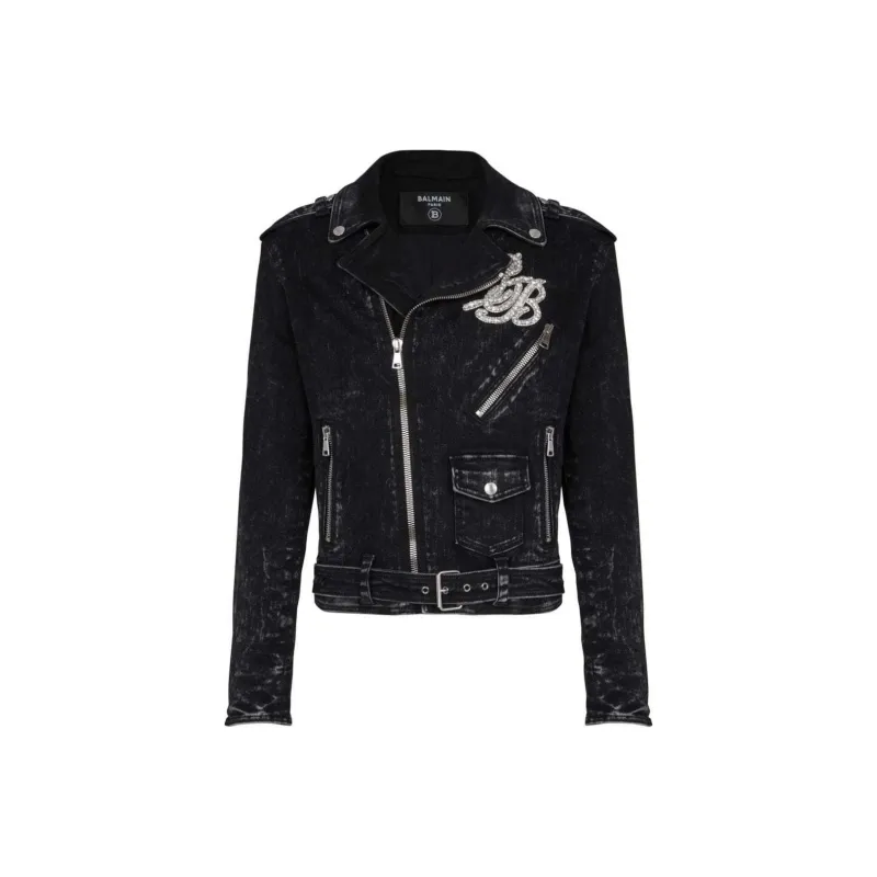 BALMAIN B Logo-appliqué Denim Biker Jacket-0