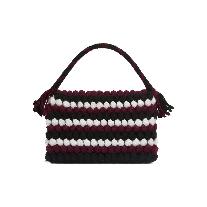 MARNI Acrylic Knitted Fabric Tanned Cow Leather Handbag Women's Black & Burgundy-2
