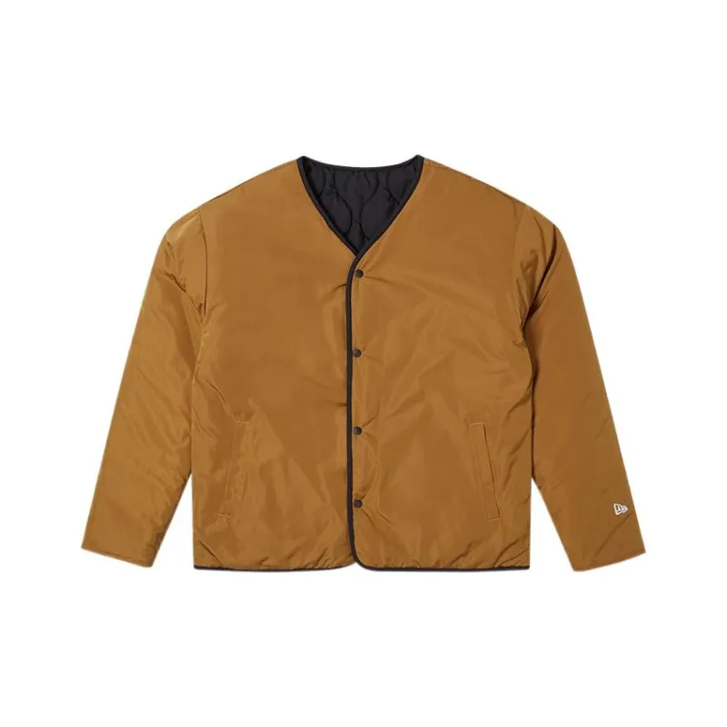 New Era Letter Collarless Loose Fit Thickened Puffer Jacket Unisex Tawny-0