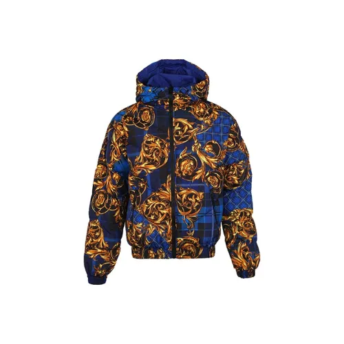 VERSACE Abstract Pattern Solid Color Hooded Down Jacket Men's Blue
