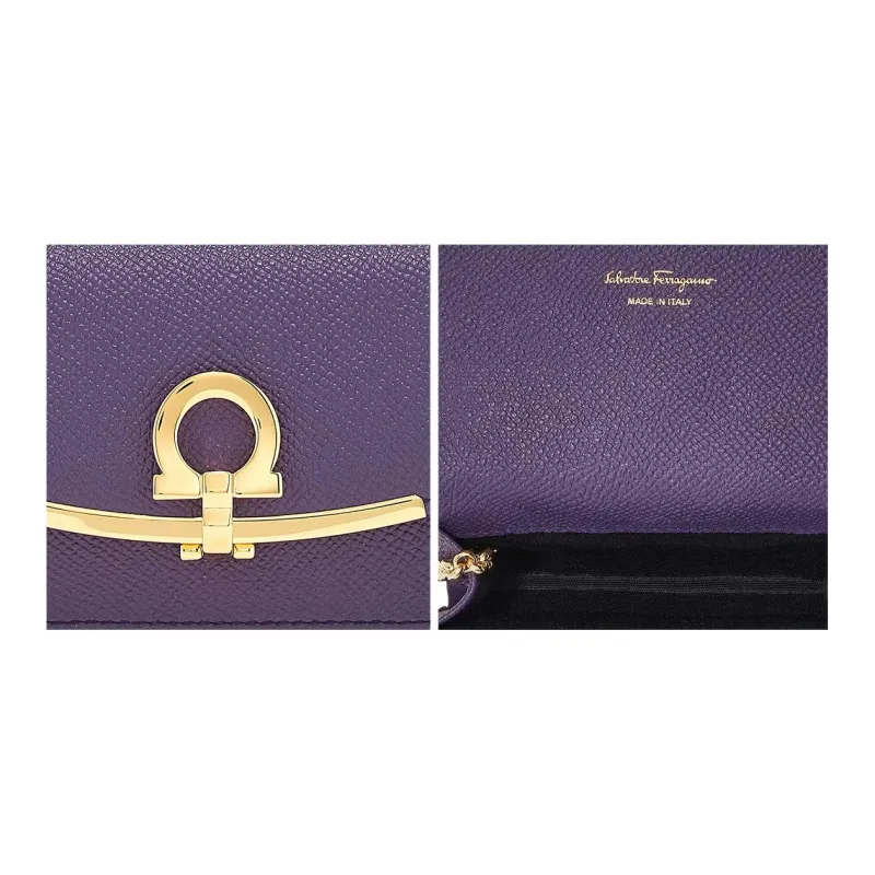 FERRAGAMO GANCINI Hammered Texture Cow Leather Business Card Holder Women's Purple-4