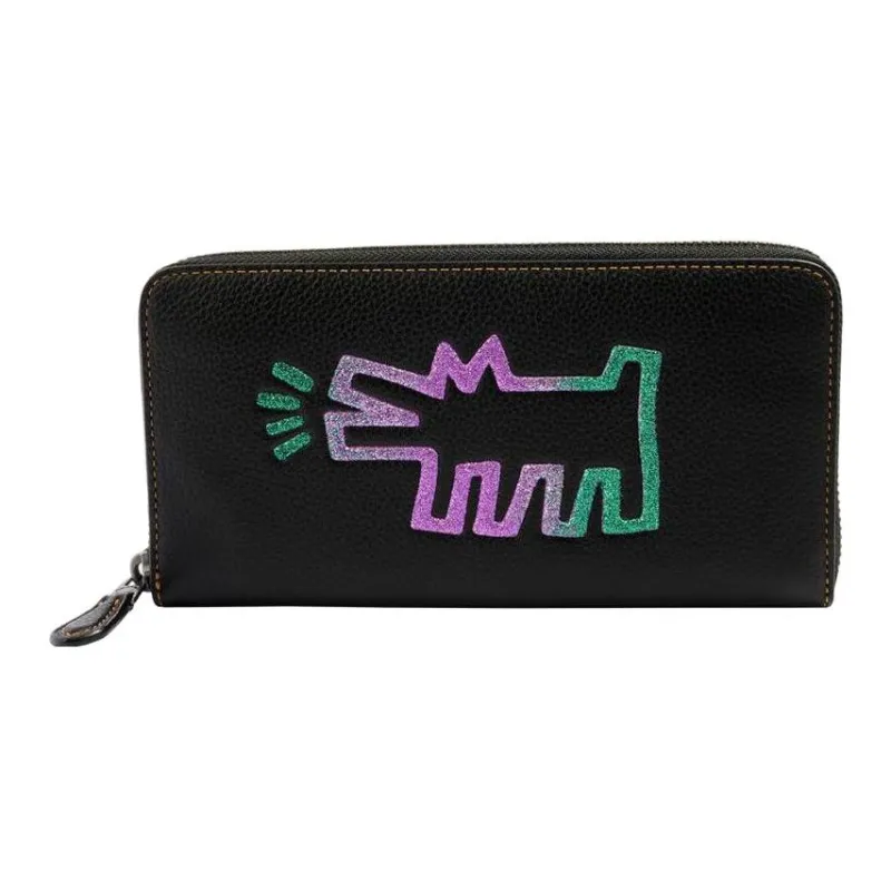 COACH Keith Haring Collaboration Accordion Wallet Synthetic Leather Clutch Card Holder, Wallet Small Size Women's Black-0