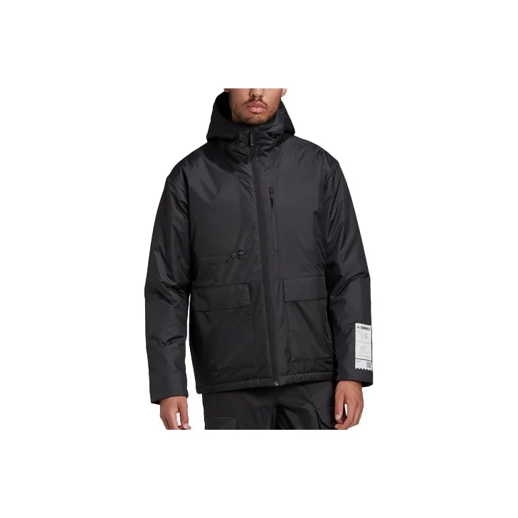 Adidas Solid Color Hooded Puffer Jacket Men's Black-0